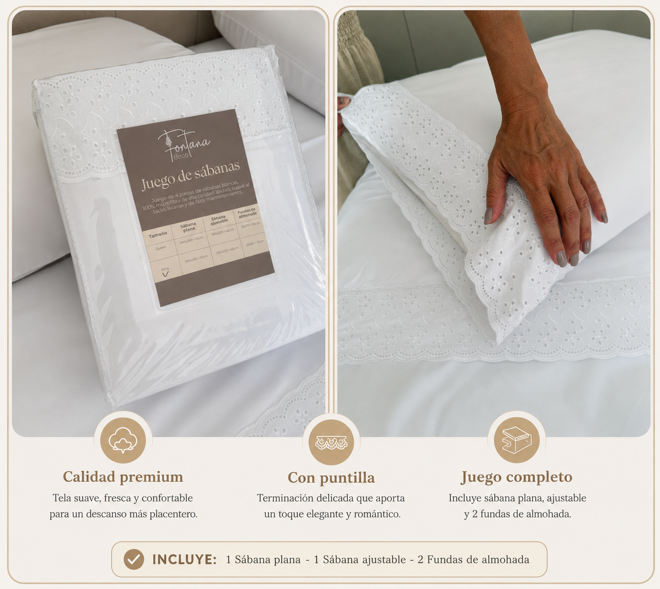 Sábanas Fontana premium con puntilla